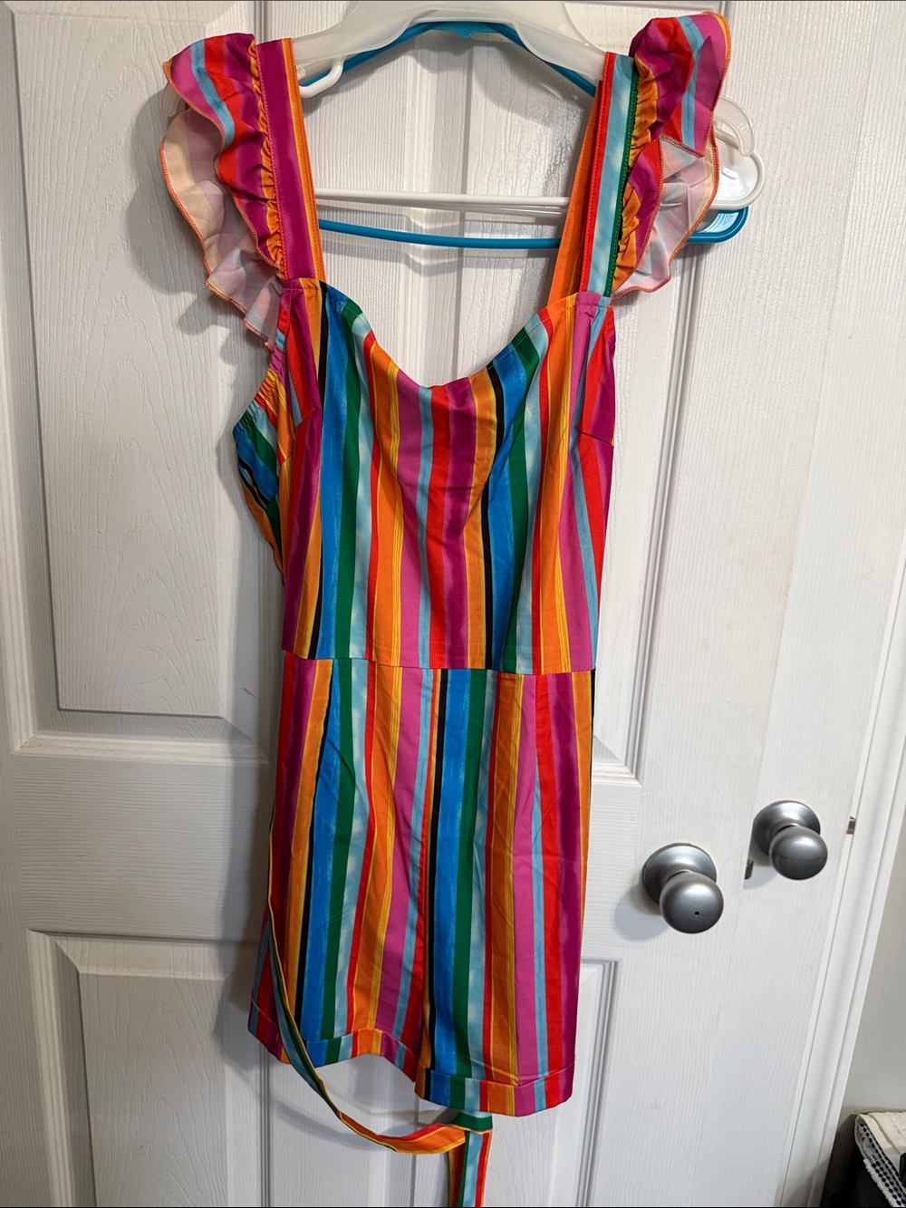 SHEIN Multicolor Rainbow Stripe Ruffle Strap Romper